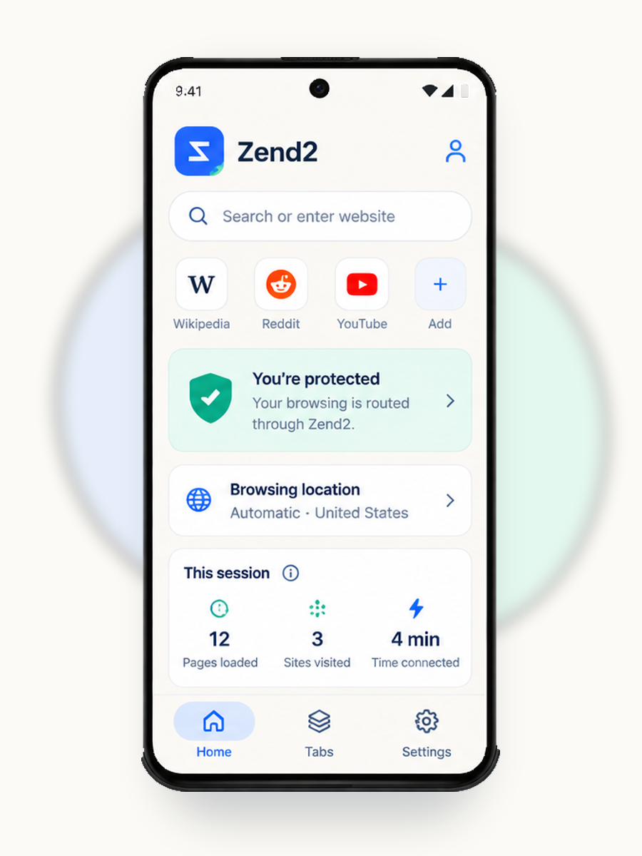 Zend2 private browser home screen with protected connection status and session stats
