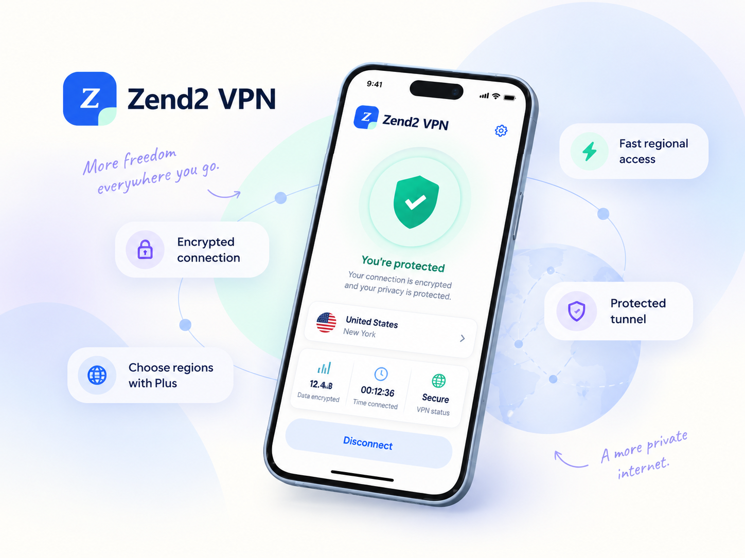 Zend2 VPN on a phone showing an encrypted protected connection and regional location